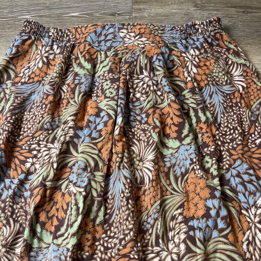 Handmade Floral Maxi Skirt Womens M Brown Orange Smocked Elastic Waist Boho
